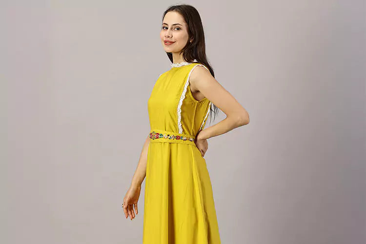 El-Sol Mustard Midi Embroidered Crew Neck Dress - IshqME