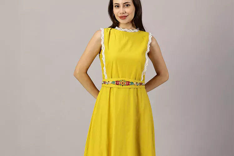 El-Sol Mustard Midi Embroidered Crew Neck Dress - IshqME