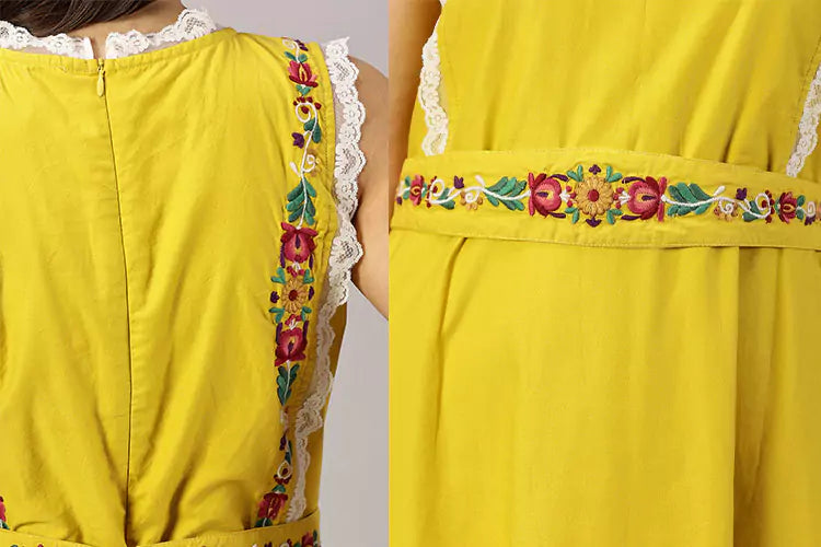 El-Sol Mustard Midi Embroidered Crew Neck Dress - IshqME