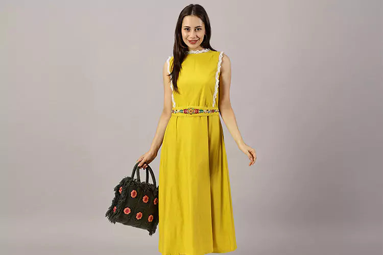 El-Sol Mustard Midi Embroidered Crew Neck Dress - IshqME