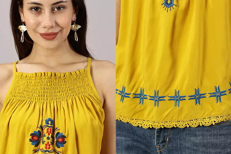 El Sol shirred neckline embroidered top - Ishqme