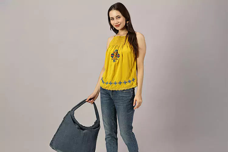 El Sol shirred neckline embroidered top - Ishqme