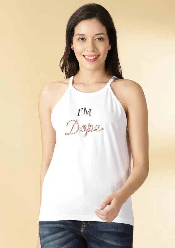 White Sleeveless T-Shirt adorned with multicolour thread embroidery