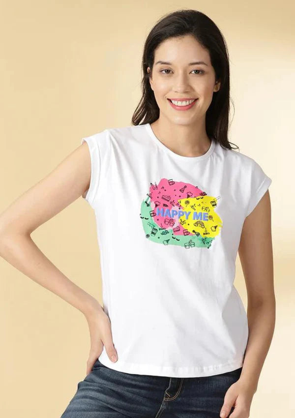 Close-up of embossed print on Happy Me White T-Shirt for girls