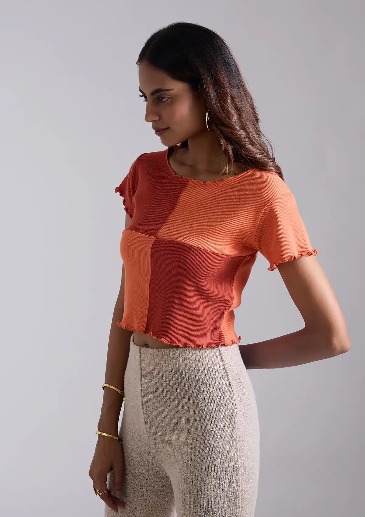 Colour Blocked Rib Crop Top For Women