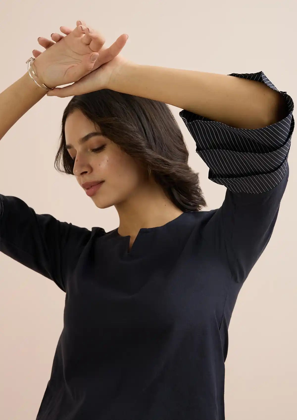 Tsuki - Black Layered Ruffle Sleeve TopFor Women