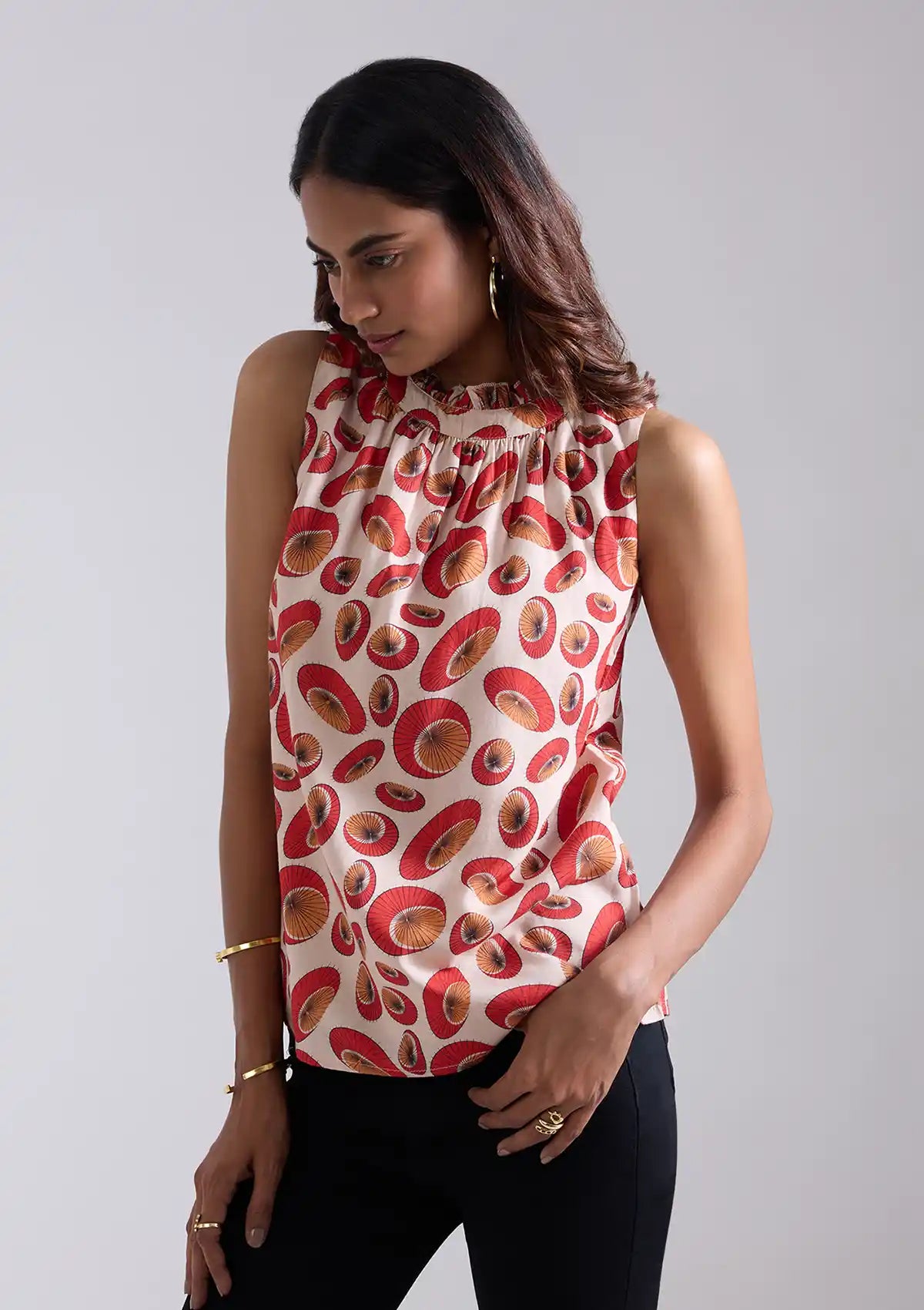 Kasa - Printed Frilled Neck Top