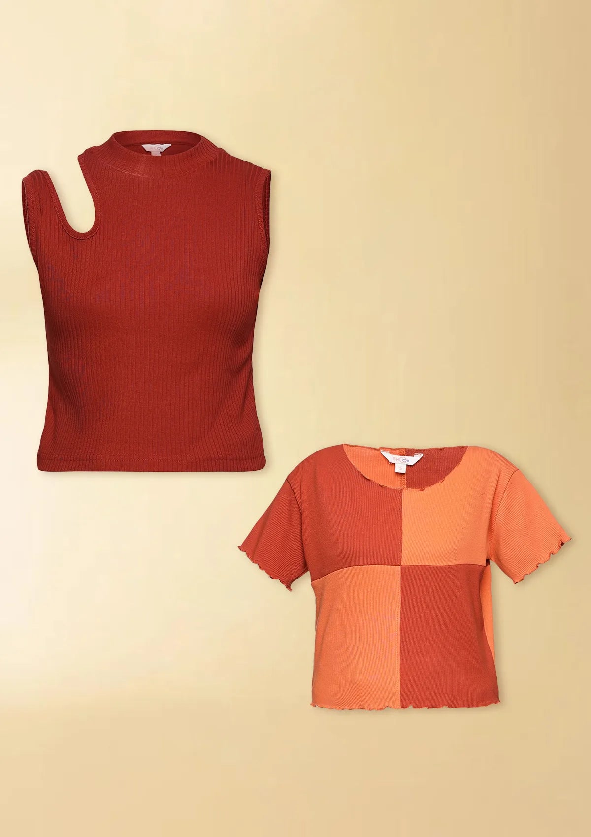 Flat Lay images of Burgundy Ribbed crop top and Orange & red colour blocks crop top