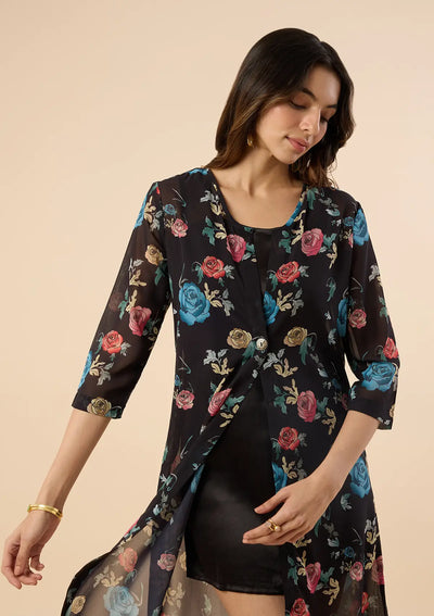 Black Rose - Floral Printed Two Piece Party Dress