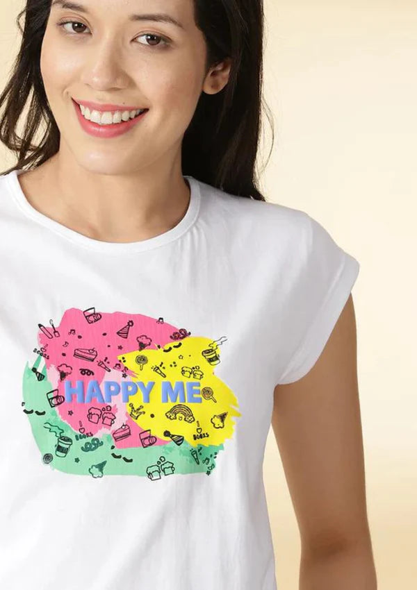 Front view of Happy Me T-Shirt with embossed print and keyhole back