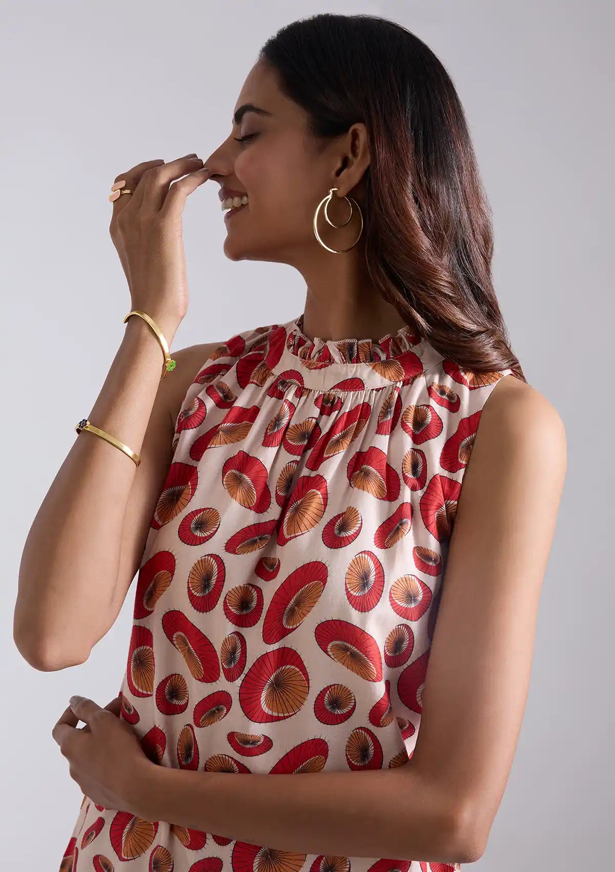 Kasa - Printed Frilled Neck Top For Women