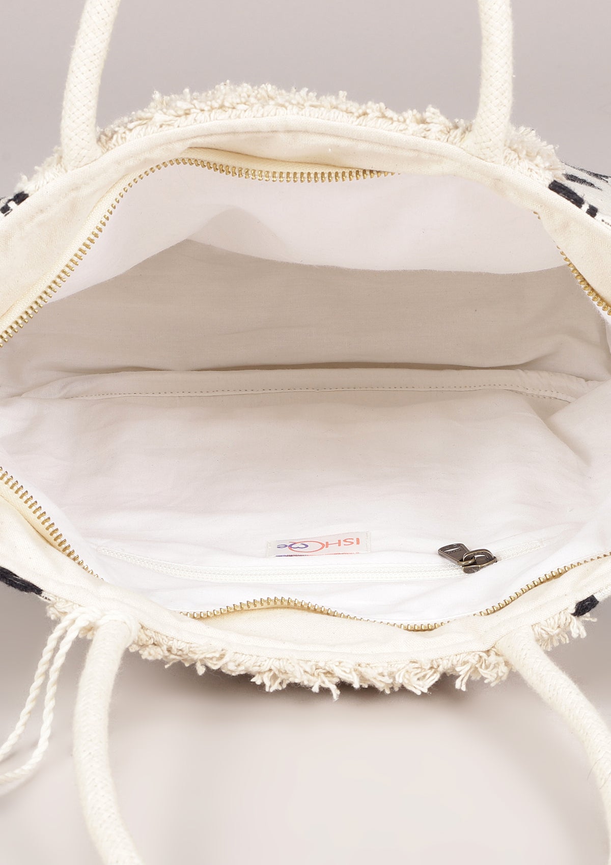 Cream Tufted Jacquard Tote Bag - IshqMe