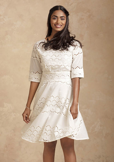 Astra - Charming White Schiffli Dress