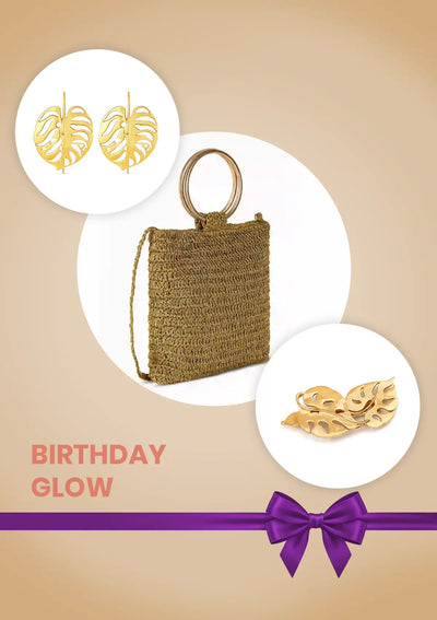 Birthday Glow Gift Set for Her | Shimmering Henna Metallic Bag, Tropical Leaf Clip & Leaf Earrings