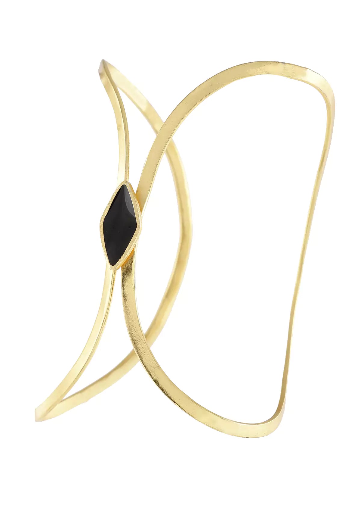 Gold bracelet with a black gemstone on a white background