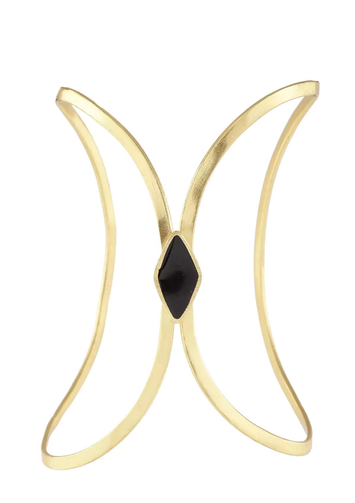 Gold bracelet with a central black gemstone on a white background