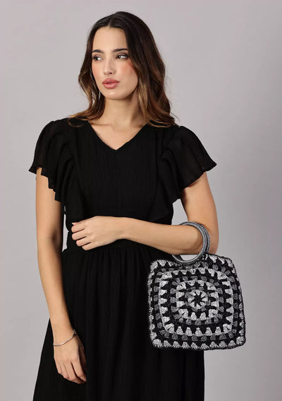 Black Shimmering Crochet Handheld Bag