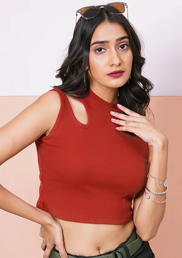Close Up of Burgundy Ribbed Crop top for women. Ideal for summer casuals