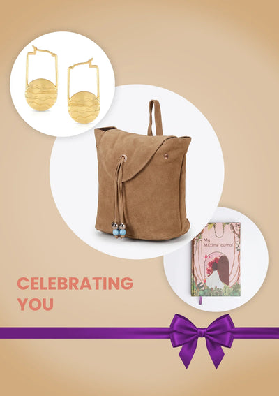 Celebrating You Birthday Gift Set for Her | MEtime Journal, Suede Mini Backpack & Marble Hoop Earrings