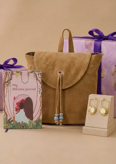 Celebrating You Birthday Gift Set for Her | MEtime Journal, Suede Mini Backpack & Marble Hoop Earrings