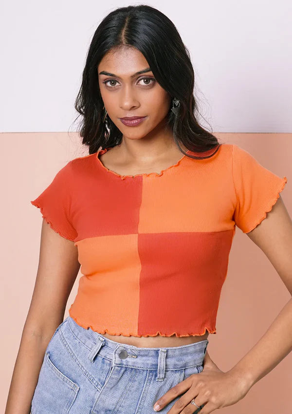 100% Cottom Red & Orange Blocked Crop top paired with Denim Pants