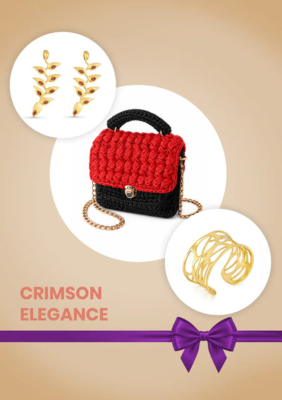 Crimson Elegance Anniversary Gift Set for Her | Red & Black Mini Bag, Garnet Earrings & Cuff Bracelet