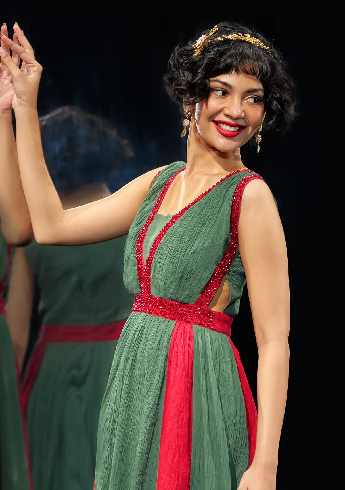 Buy Frosted Wine - Dark Olive Crinkled Viscose Party Dress