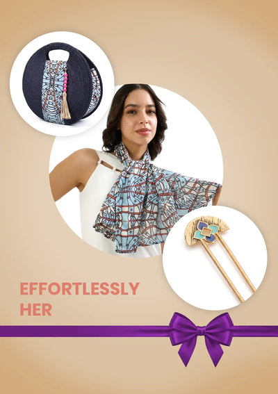 Effortlessly Her Gift Set for Her | Woven Bag, Printed Scarf & Golden Fan Hair Pin