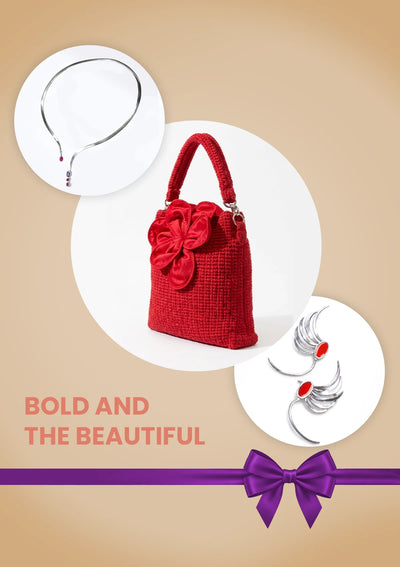 Effortlessly Her Gift Set for Her II | Red Crochet Bag, Cuff Earrings & Stone Drop Choker Necklace