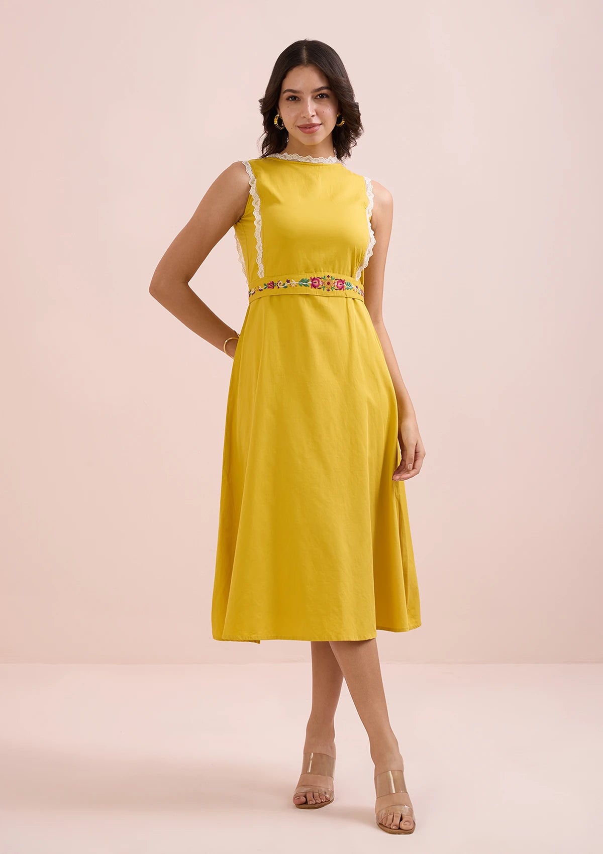 El Sol-Mustard Midi Embroidered Crew Neck Dress