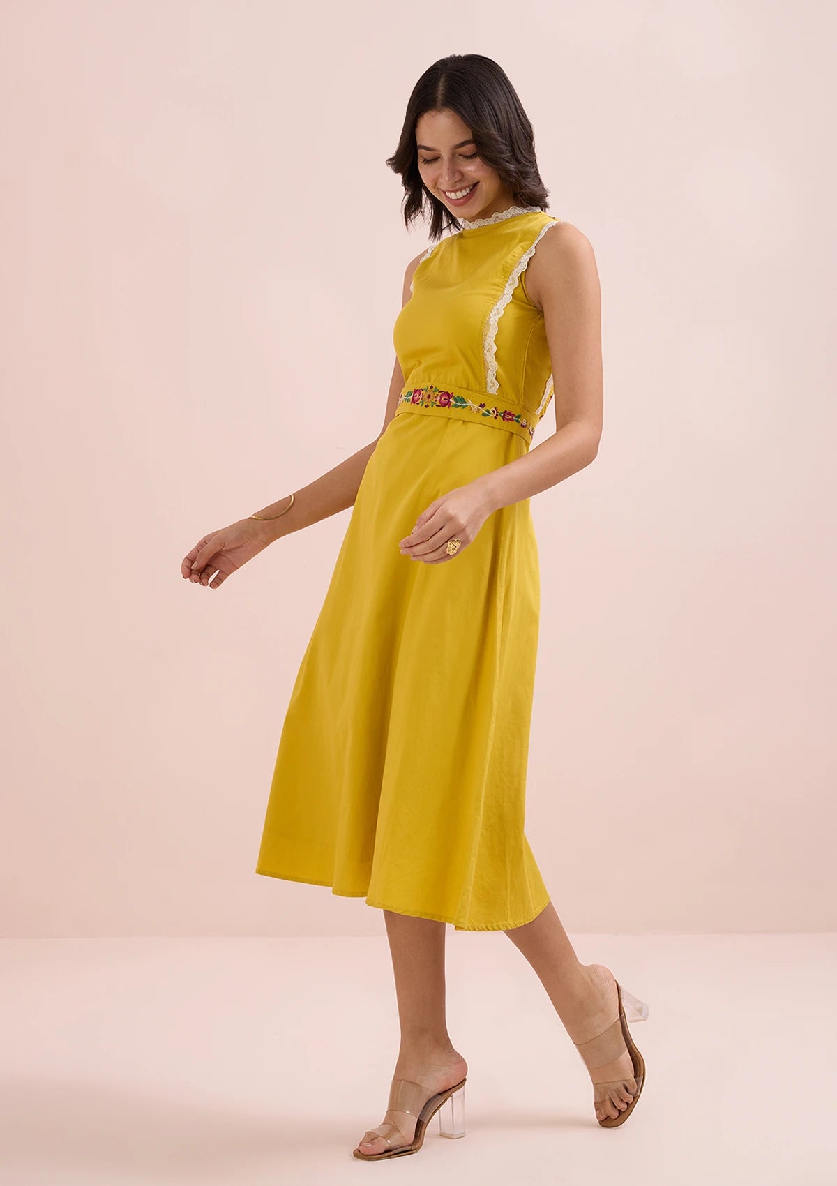 El Sol-Mustard Midi Embroidered Crew Neck Dress For Women