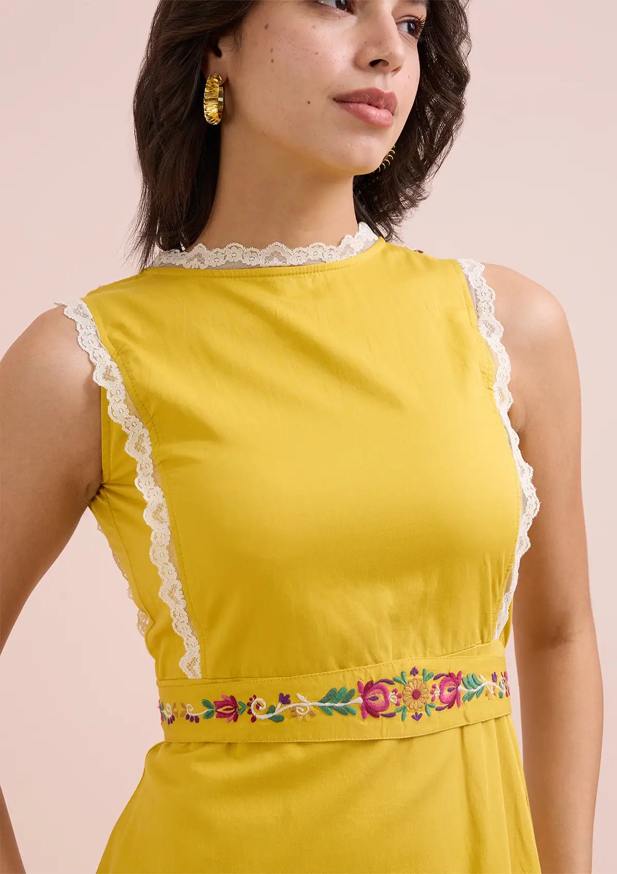 Buy El Sol-Mustard Midi Embroidered Crew Neck Dress