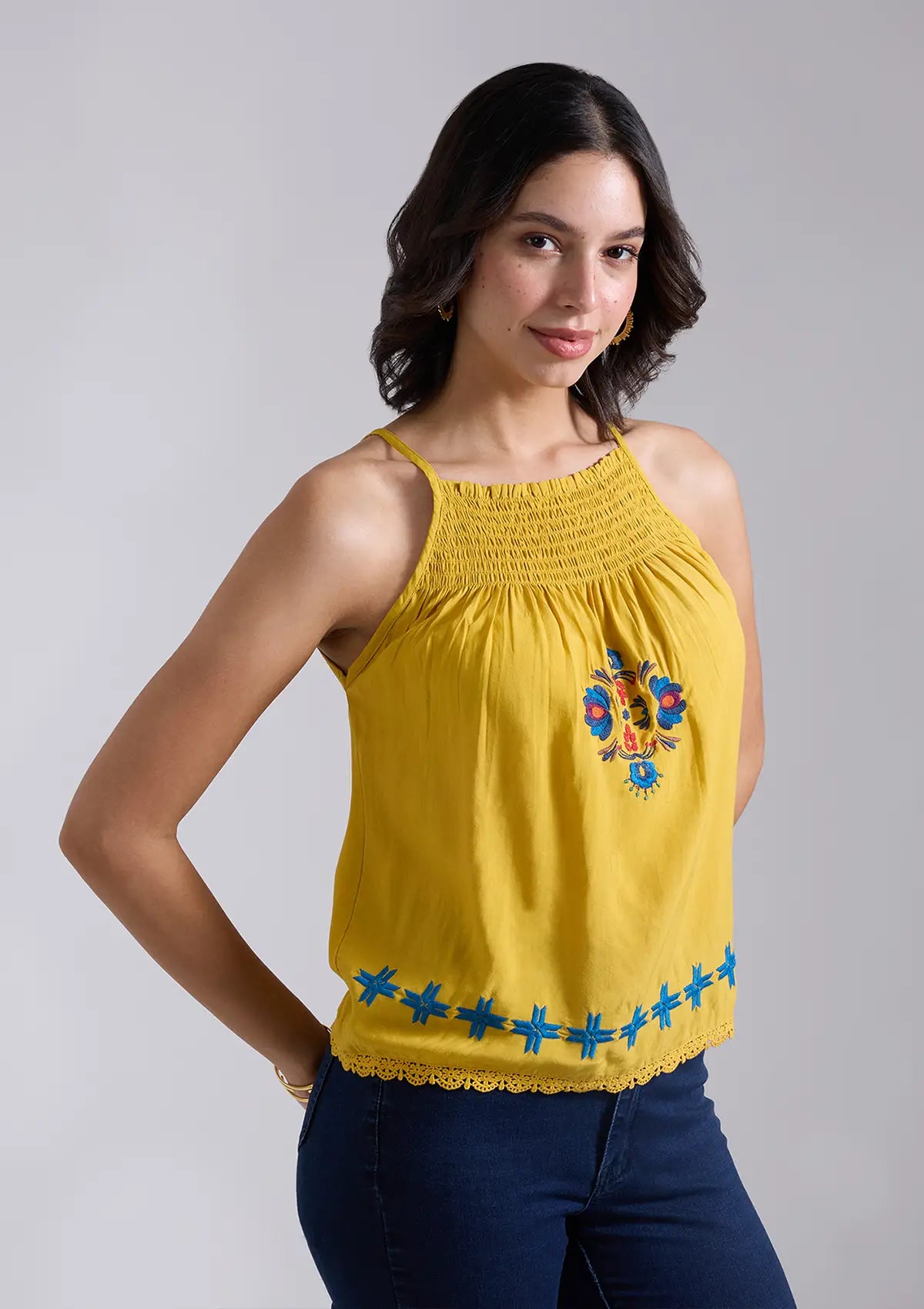 El Sol-Shirred Neckline Embroidered Top For Women