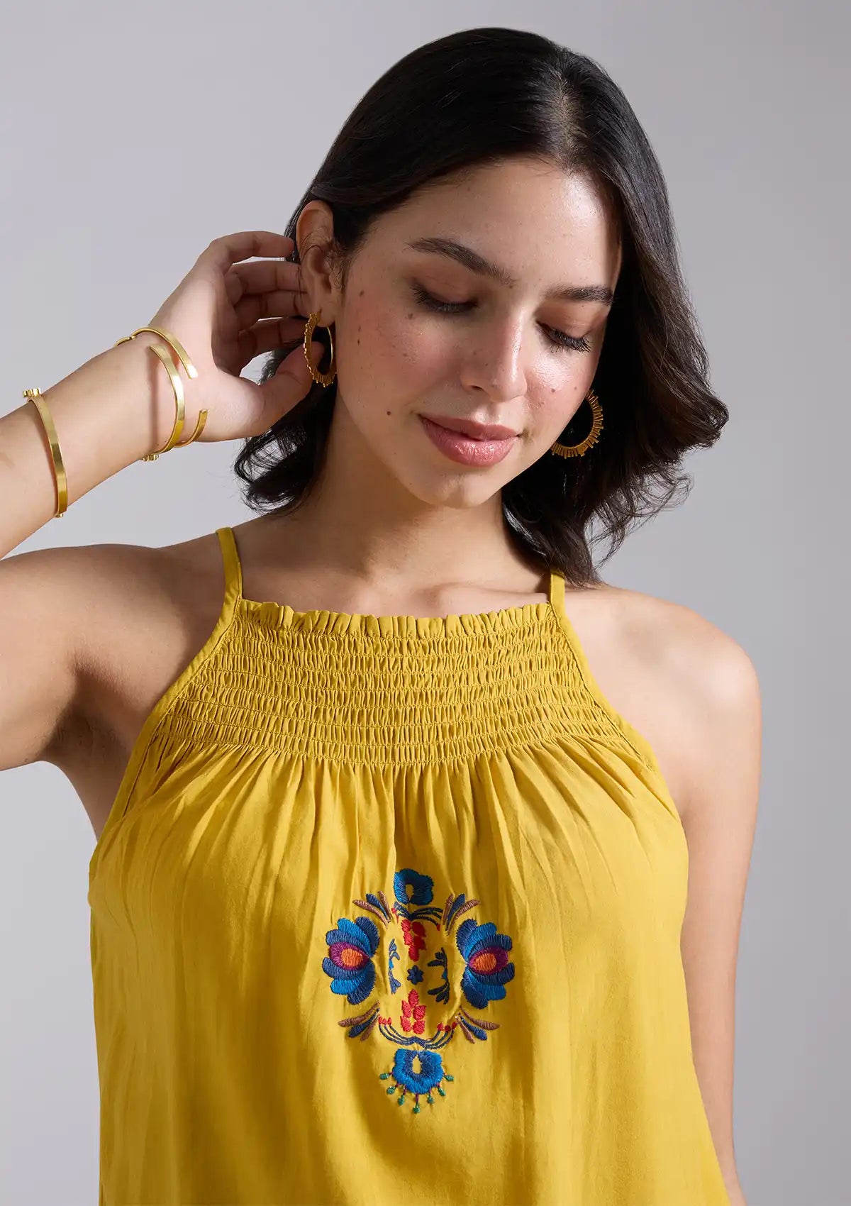Buy El Sol-Shirred Neckline Embroidered Top