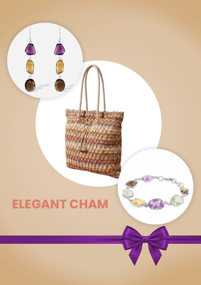 Elegant Charm Festive Gift Set for Her | Crochet Potli Handbag, Multi-Stone Earrings & Gemstone Bracelet