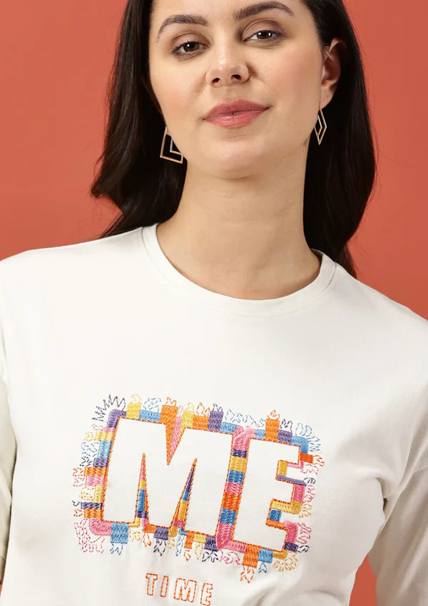 White Off-White Drop Shoulder Oversized Top featuring colourful MEtime embroidery