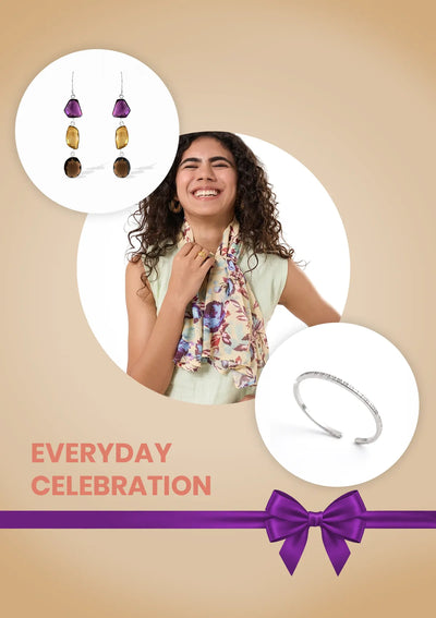 Everyday Celebration Self Love Gift Set for Women | Floral Scarf, 925 Silver Cuff Bracelet & Silver Multicolour Stone Earrings Amethyst, Citrine and Smokey Topaz