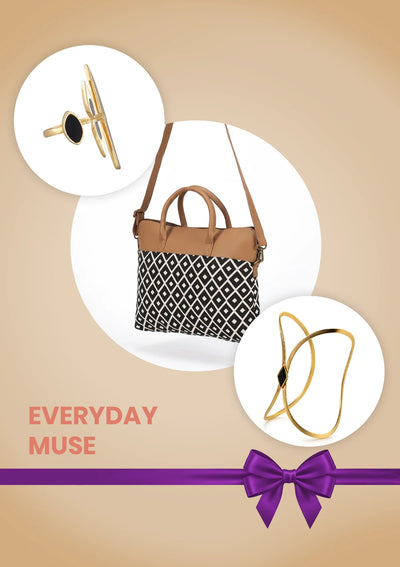 Everyday Muse Gift Set for Her | Jacquard Laptop Bag, 18K Gold Ring & Black Enamel Cuff Bracelet