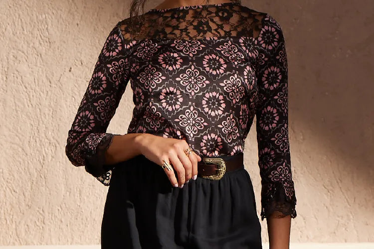 Jamila - Moroccan printed Lace accent blouse - IshqME