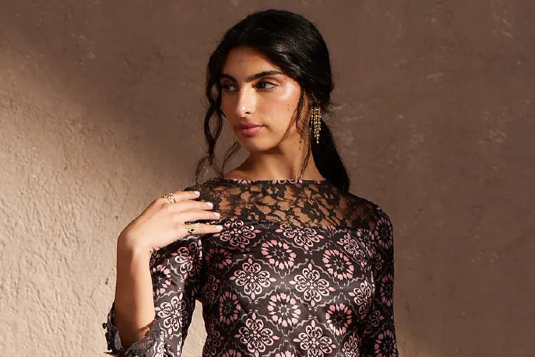 Jamila - Moroccan printed Lace accent blouse - IshqME