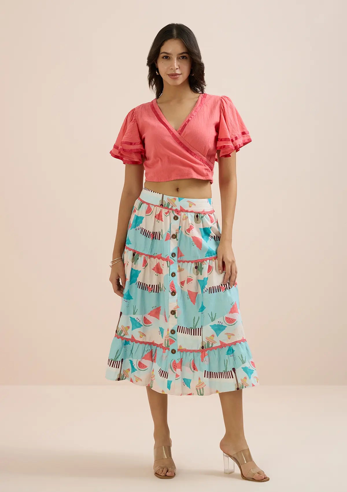 Buy Fiesta Mexique-Pink Overlap Top & Printed Tier Skirt Set