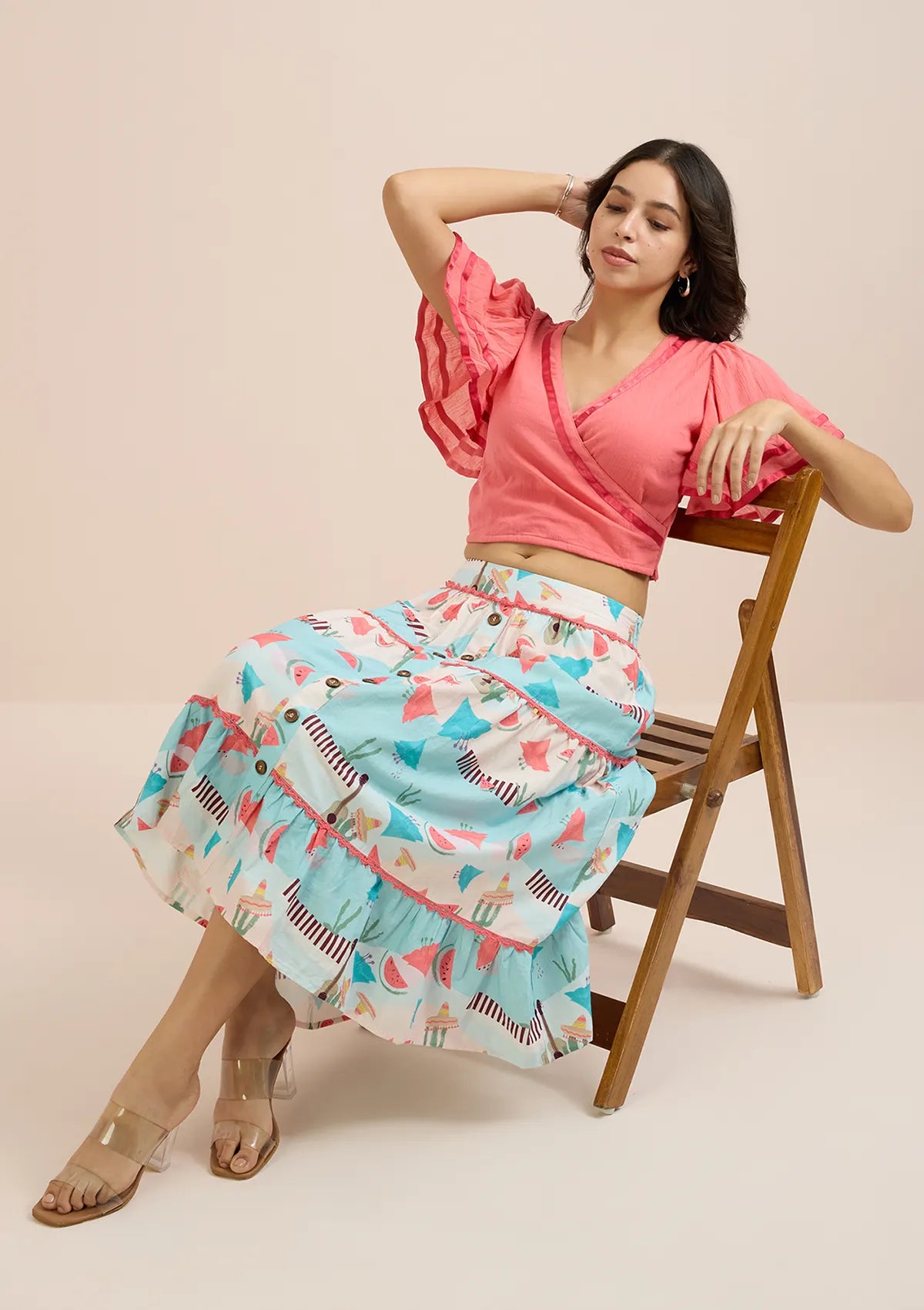 Fiesta Mexique-Pink Overlap Top & Printed Tier Skirt Set