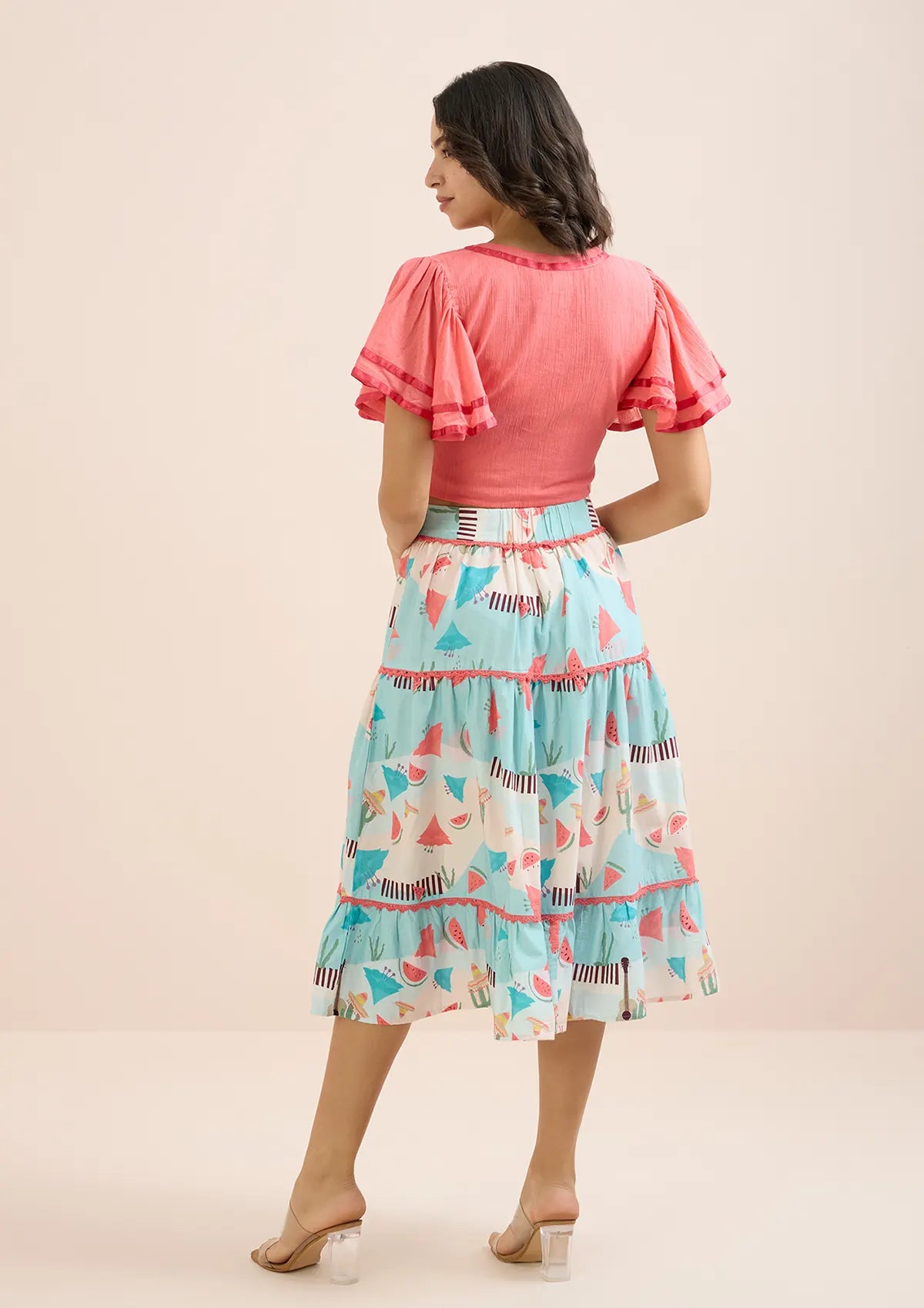 Fiesta Mexique-Pink Overlap Top & Printed Tier Skirt Set Price