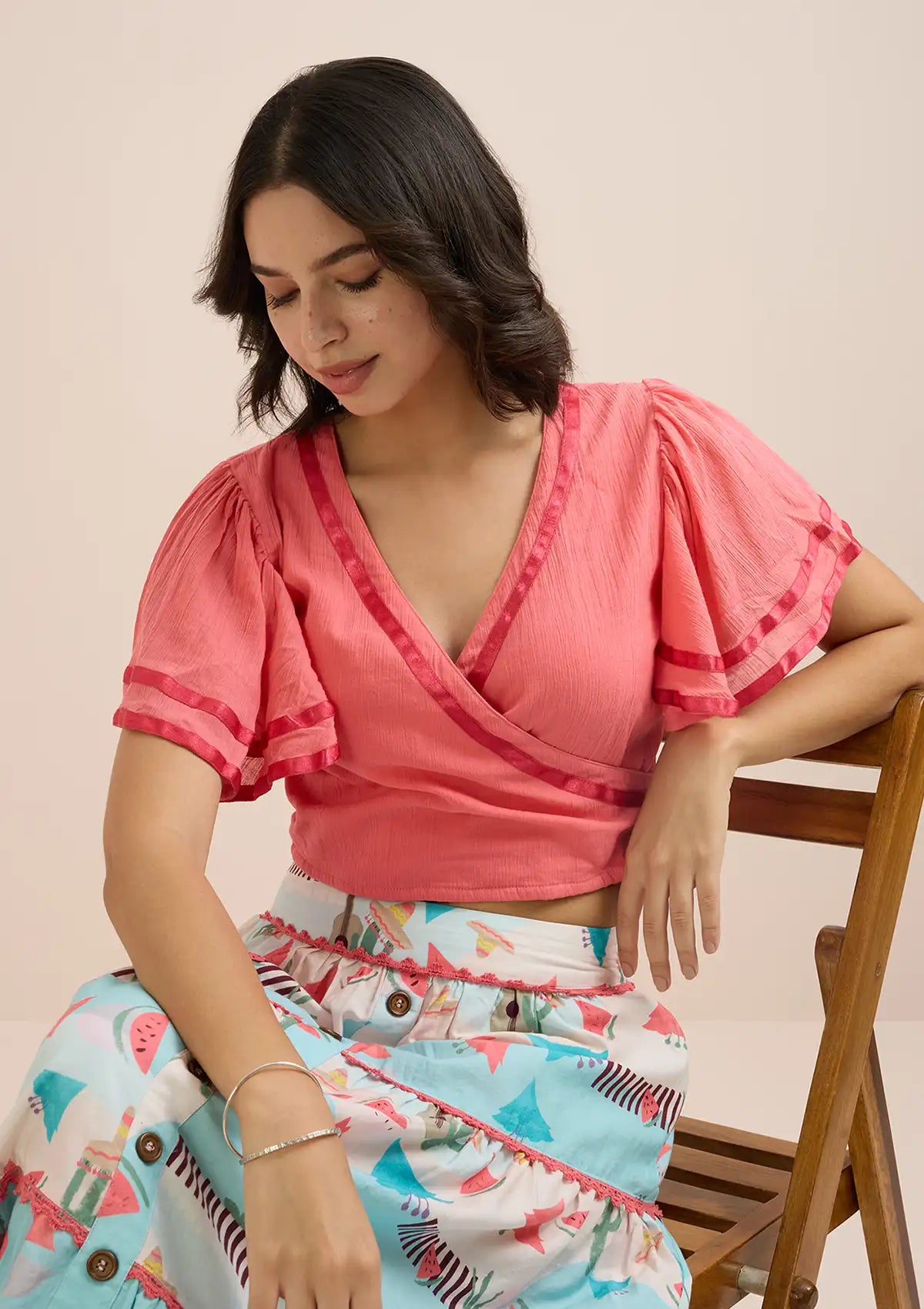 Fiesta Mexique-Pink Overlap Top & Printed Tier Skirt Set For Women