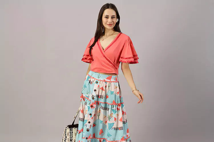 Fiesta_Mexique - Pink overlap Top Printed Tier Skirt set - IshqME