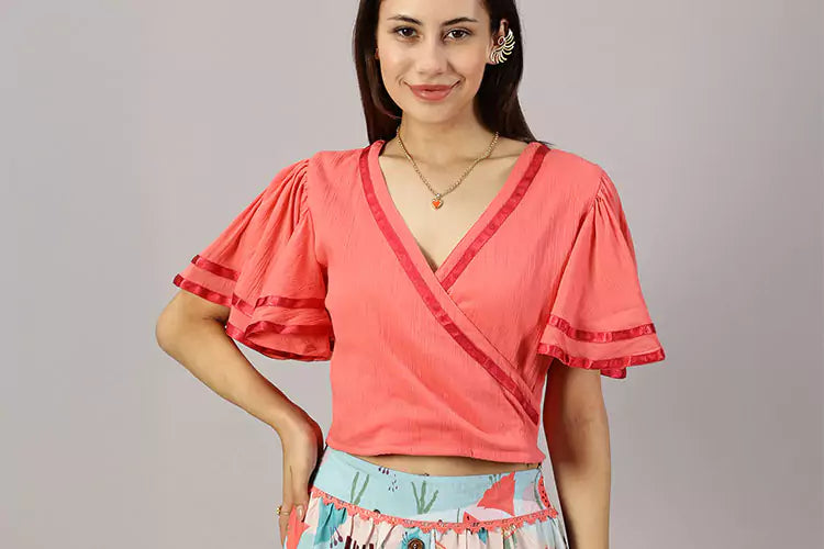 Fiesta_Mexique - Pink overlap Top Printed Tier Skirt set - IshqME