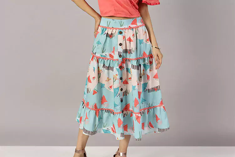 Fiesta_Mexique - Pink overlap Top Printed Tier Skirt set - IshqME