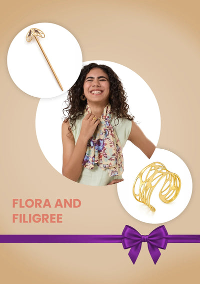 Flora & Filigree Graduation Gift for Her | Filigree Wing Bun Pin, Floral Scarf & Cutwork Cuff Bracelet
