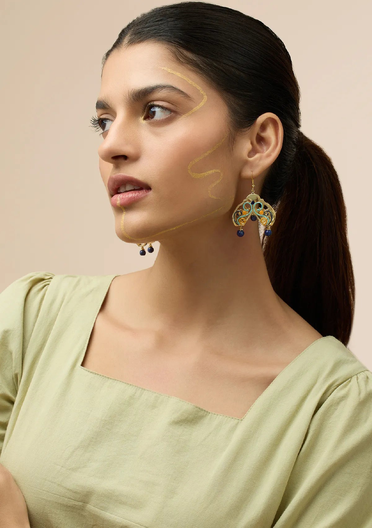 Buy Folded Danglers with Lapis Bead Drops