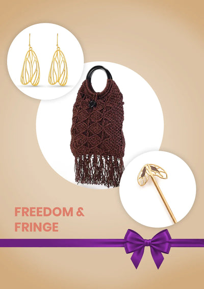 Freedom & Fringe Self Love Gift Set for Women | Filigree Wing Bun Pin, Butterfly Earrings & Fringed Bag